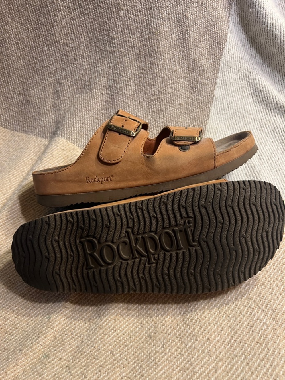 Rockport Brown Leather Double-Buckle Slide Sandals